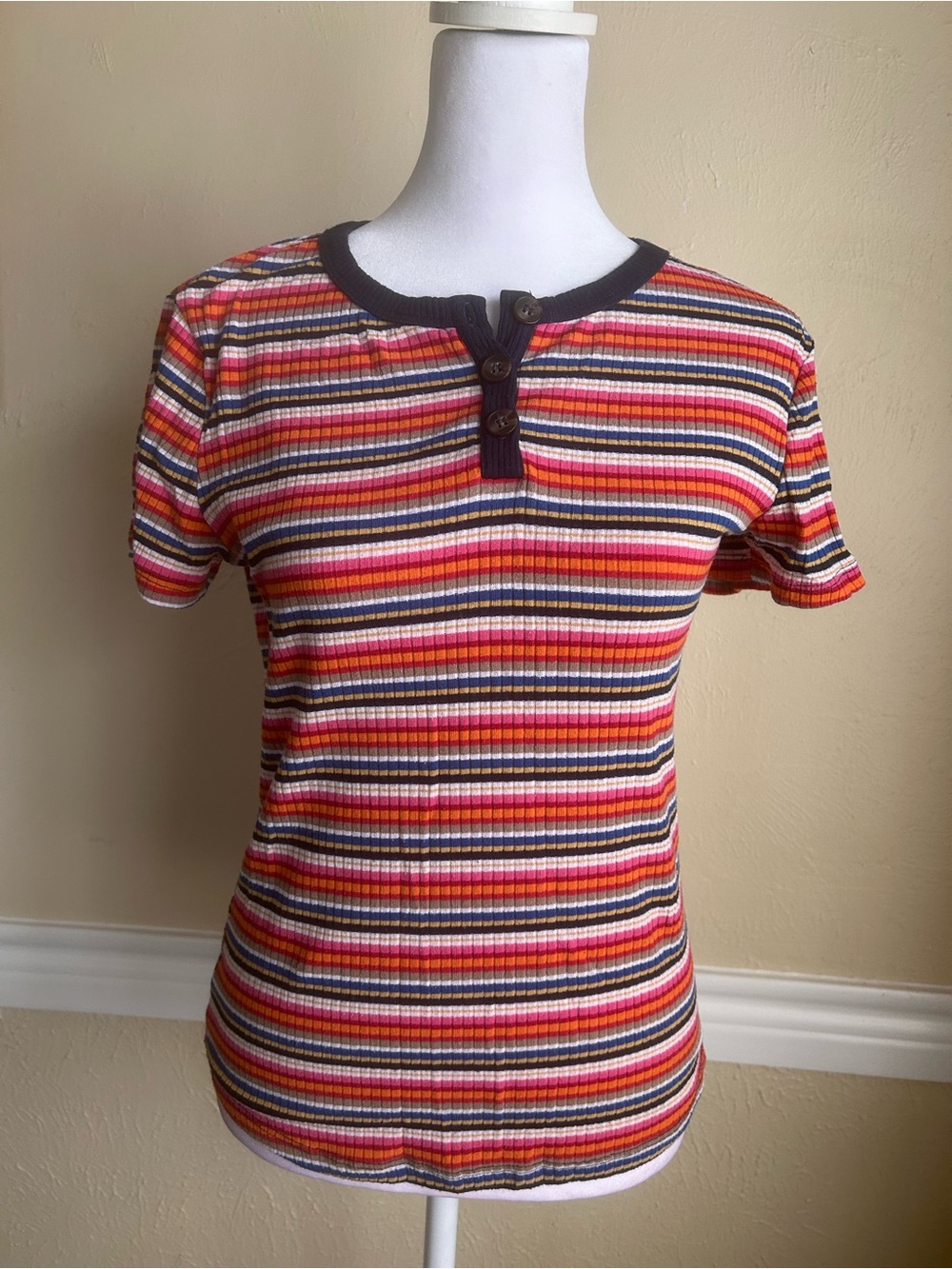 Lush Striped Ribbed Henley Tee in Red, Pink, Orange, Yellow, Brown, White